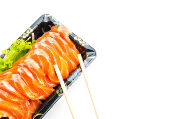 Salmon raw sashimi on white background