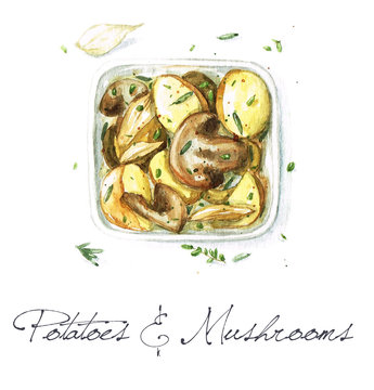 Watercolor Food Painting - Potatoes and Mushrooms