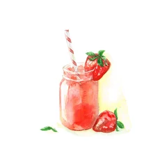 Poster Im Rahmen Watercolor Food Painting - Strawberry Cocktail © nataliahubbert