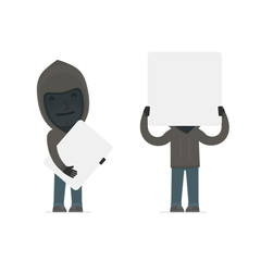 Funny Character Anonymous Hackers holds and interacts with blank