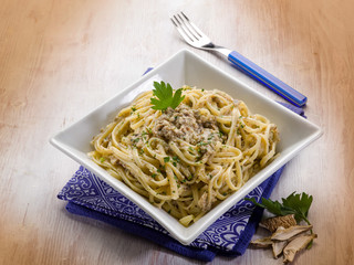 pasta with cep edible mushroom and anchovies