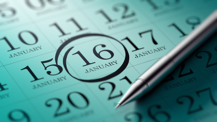 January 16 written on a calendar to remind you an important appo