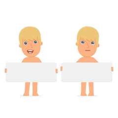 Funny Character Naked Man holds and interacts with blank forms o