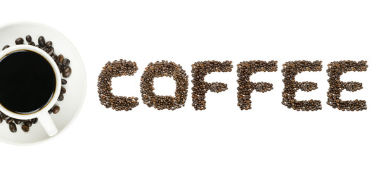 Black coffee in white cup and coffee deans text COFFEE isolated on white