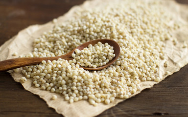 White Sorghum grain with a spoon