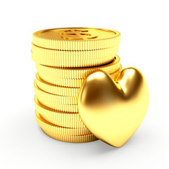 Golden heart and stack of coins isolated on white
