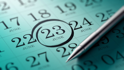 June 23 written on a calendar to remind you an important appoint
