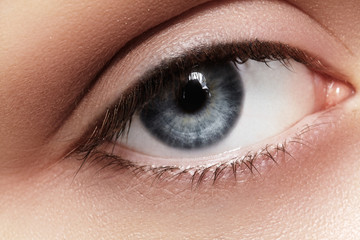 Close-up macro of beautiful female eye. Clean skin, fashion naturel make-up. Good vision
