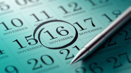 November 16 written on a calendar to remind you an important app