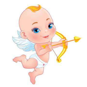 Vector illustration - Baby Cupid shooting a bow. Isolated on white background