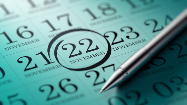 November 22 written on a calendar to remind you an important app