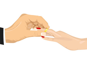 male hand inserting an engagement ring into female finger