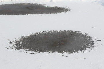 melted water puddle on river, snow background