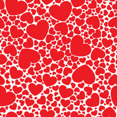 Square seamless pattern in bright red hearts of various sizes on a white background