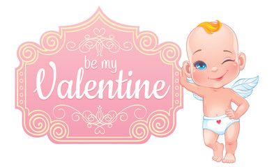 Vector illustration. Valentine's day card with little baby Cupid isolated on white background