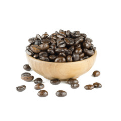  coffee beans in olive wood bowl, isolated on white