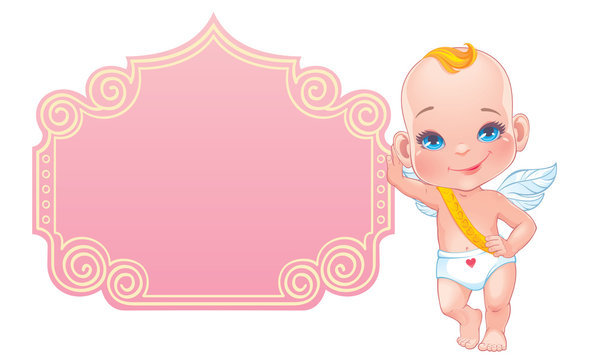 Vector illustration. Valentine's day card with little baby Cupid isolated on white background