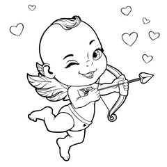 Black and white vector illustration with Baby Cupid shooting a bow