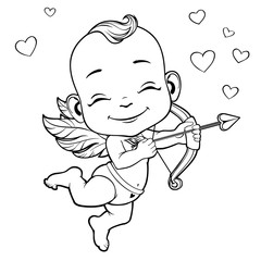 Black and white vector illustration with Baby Cupid shooting a bow