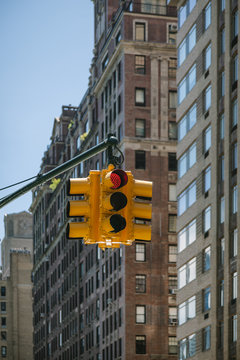 Red Traffic Light in Manhattan Streets, New York