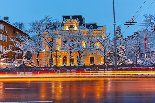 Lights of passing cars on Tsarigradsko Shosse boulevard, Sofia, Bulgaria