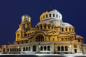 Fototapeta na wymiar Alexander Nevsky Cathedral lit with yellow light, Sofia, Bulgaria