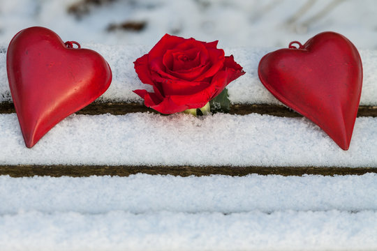 Stilleben eine rote Rose zwischen zwei Herzen im Schnee