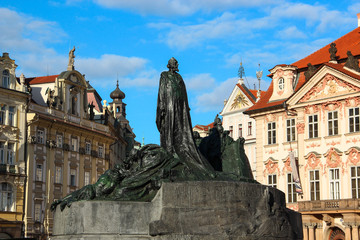 PRAGUE, CZECH REPUBLIC - Oct 23 2015: Jan Hus Memorial ( by Ladislav Saloun) in Old town square in Prague, Czech Republic, on Oct 23, 2015.