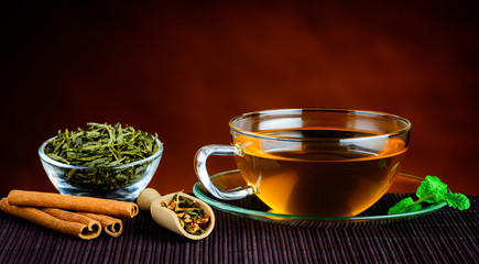 Green Tea in Cup and Ingredients