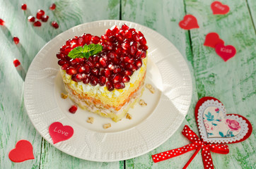 Layered salad from vegetables on the holiday table. Wedding day.