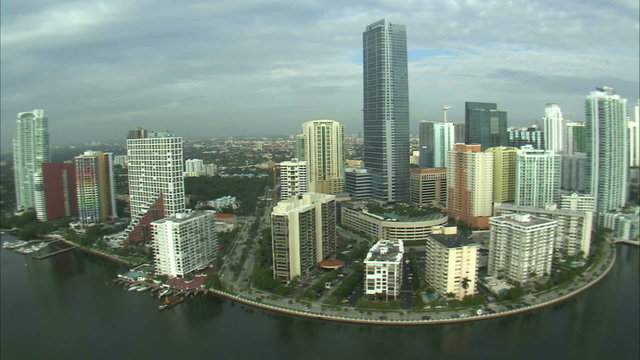 Aerial, wide angle shot of Miami cityscape.