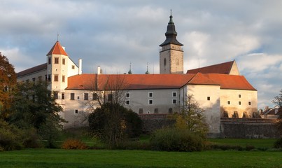 Evening panoramic view of Telc or Teltsch town castle
