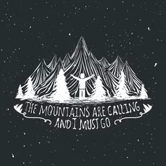 Meubelstickers Vector wildernis citaat poster met man silhouet, bergen en bos © julymilks