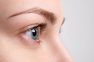 Close up blue eye with natural makeup. Side view