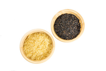 Rice in a wooden bowl isolated