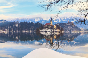 Winter landscape of Bled Lake