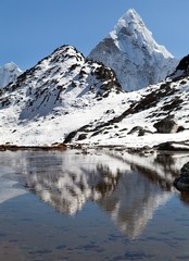 View of mount Ama Dablam mirroring in lake, Everest area