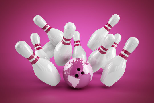Bowling Strike pink - Weltkugel Ball und Pins