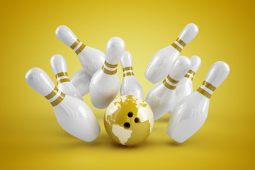 Bowling Strike gelb - Weltkugel Ball und Pins