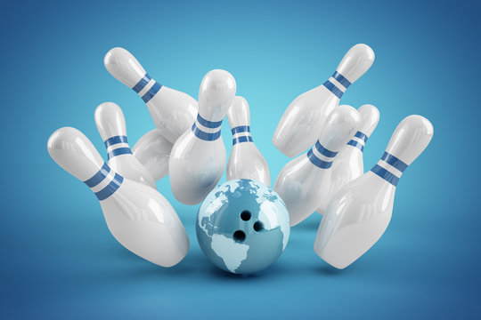 Bowling Strike blau - Weltkugel Ball und Pins