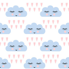 Clouds pattern. Seamless pattern with smiling sleeping clouds and hearts for kids holidays. Cute baby shower vector background. Child drawing style rainy clouds in love vector illustration.