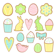 Easter cookies collection. Cookies of different forms isolated on white background - easter eggs, cakes, hearts, bow, bunny, bird, cupcake, flowers. Assorted cookies, good for colorful holiday design.