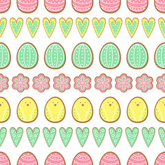 Easter cookies pattern, card - Easter eggs, hearts and flowers. Cute vector seamless background. Colorful happy easter illustration.