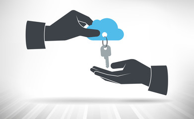 Hand giving keys to cloud. Concept of cloud access handed over from one person to another