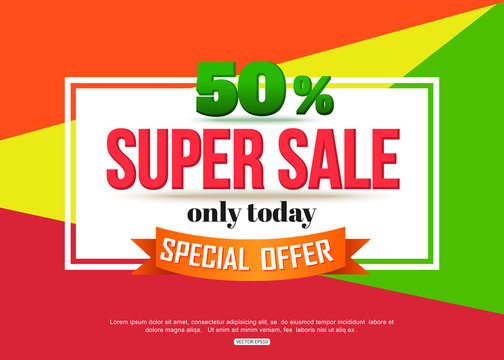 Super Sale banner on colorful background. Geometric design. Super Sale and special offer. 50% off.