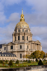 Golden dome of Les Invalides on background. Les Invalides - complex of museums and monuments, burial site for some of France's war heroes, notably Napoleon Bonaparte.