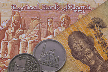 Different banknotes and coins of Egyptian money