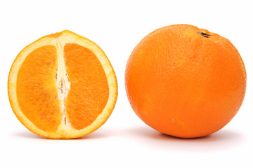 Cross section of ripe orange on white background. Clipping path incl.