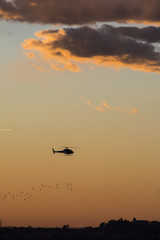 Fototapeta na wymiar Helicopter is flying in the sunset