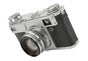 Old-fashioned 35mm camera isolated on white. Clipping path incl.